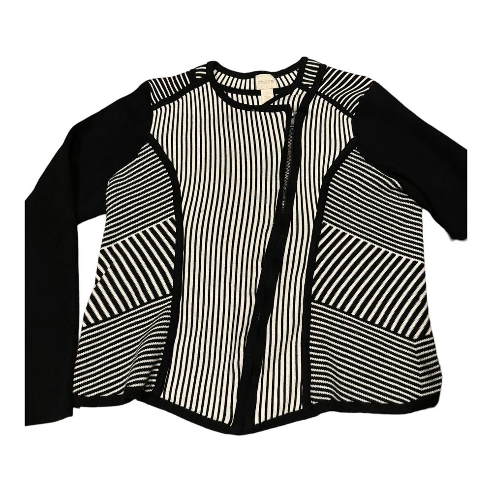 Chico's Natania Black/White Stripe asymmetrical Zip Up Cardigan Sweater size 12 - Picture 2 of 15
